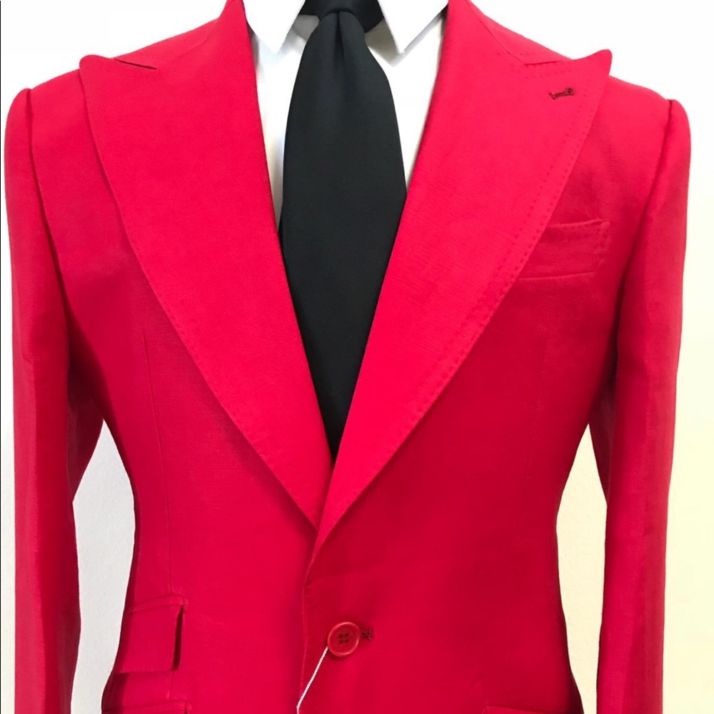 Red summer linen suit with wide peak lapel